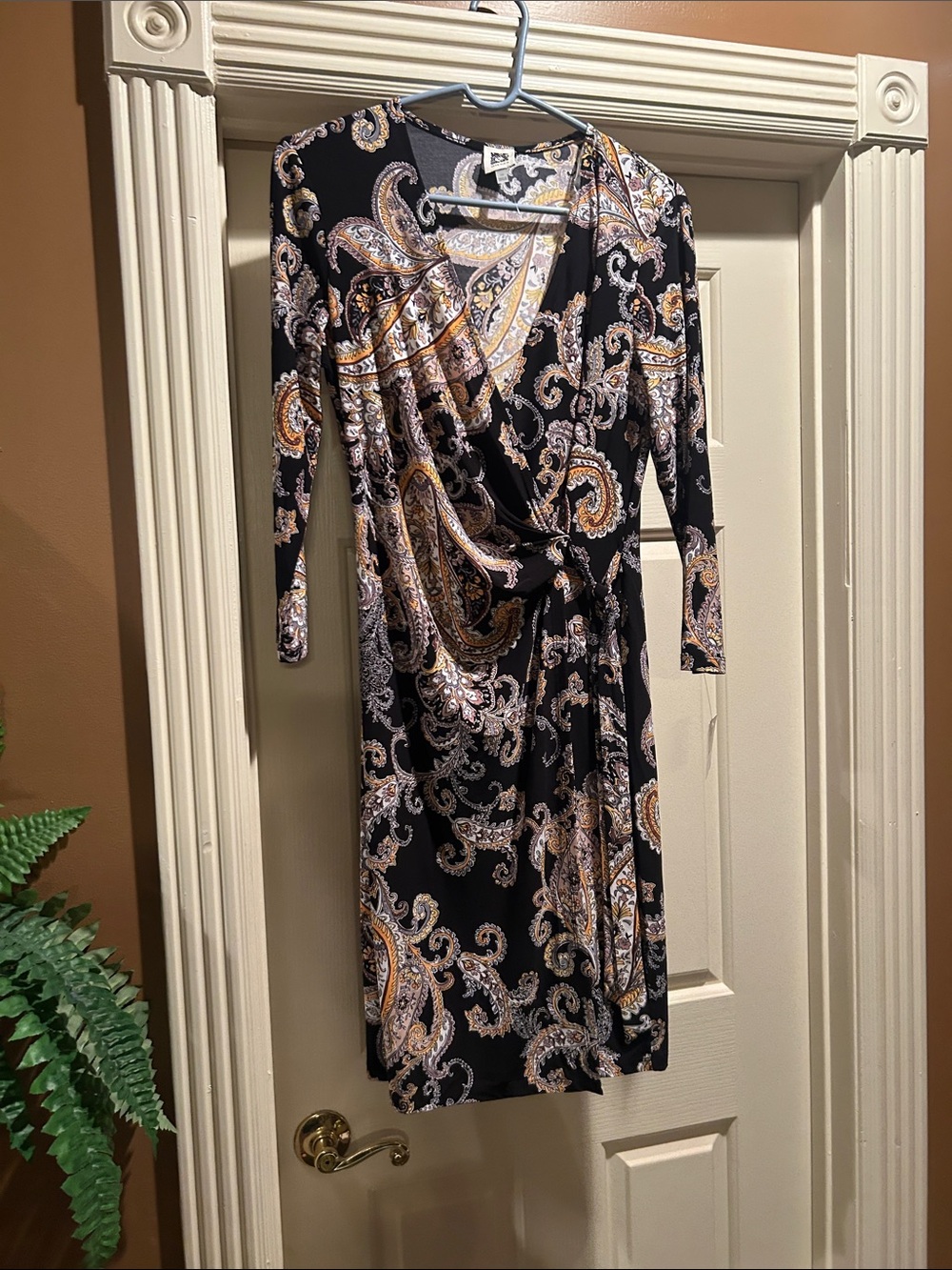 Anne Klein Sport Black Paisley Faux-Wrap Dress with Gold & Cream Accents